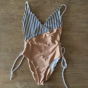 Lovers & Friends Violet Lace Up‎ One Piece Swimsuit-Nude & Stripes Color-Size Sm